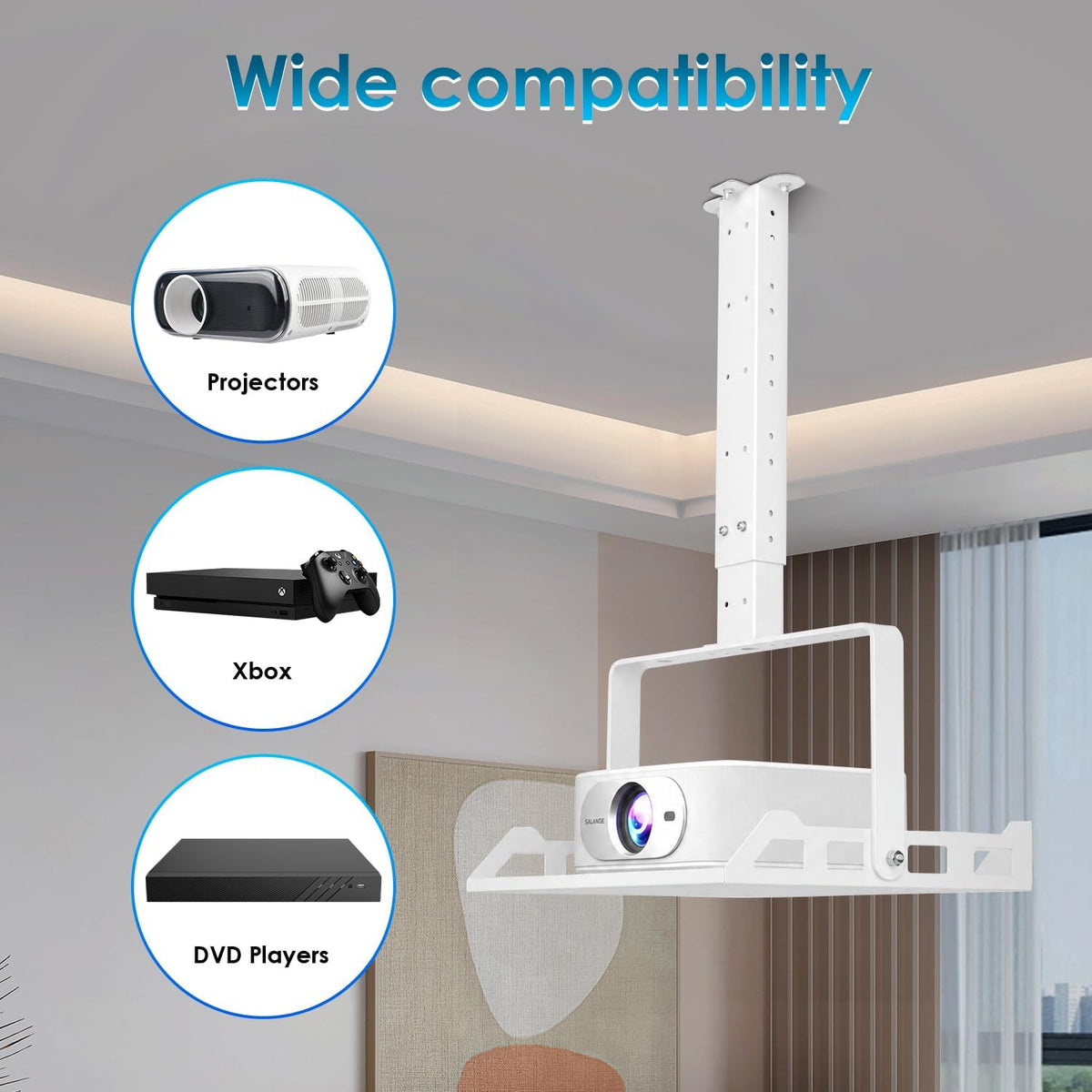 3 in 1 Projector Ceiling Mount with Tray, Height Adjustable, 90° Tilt