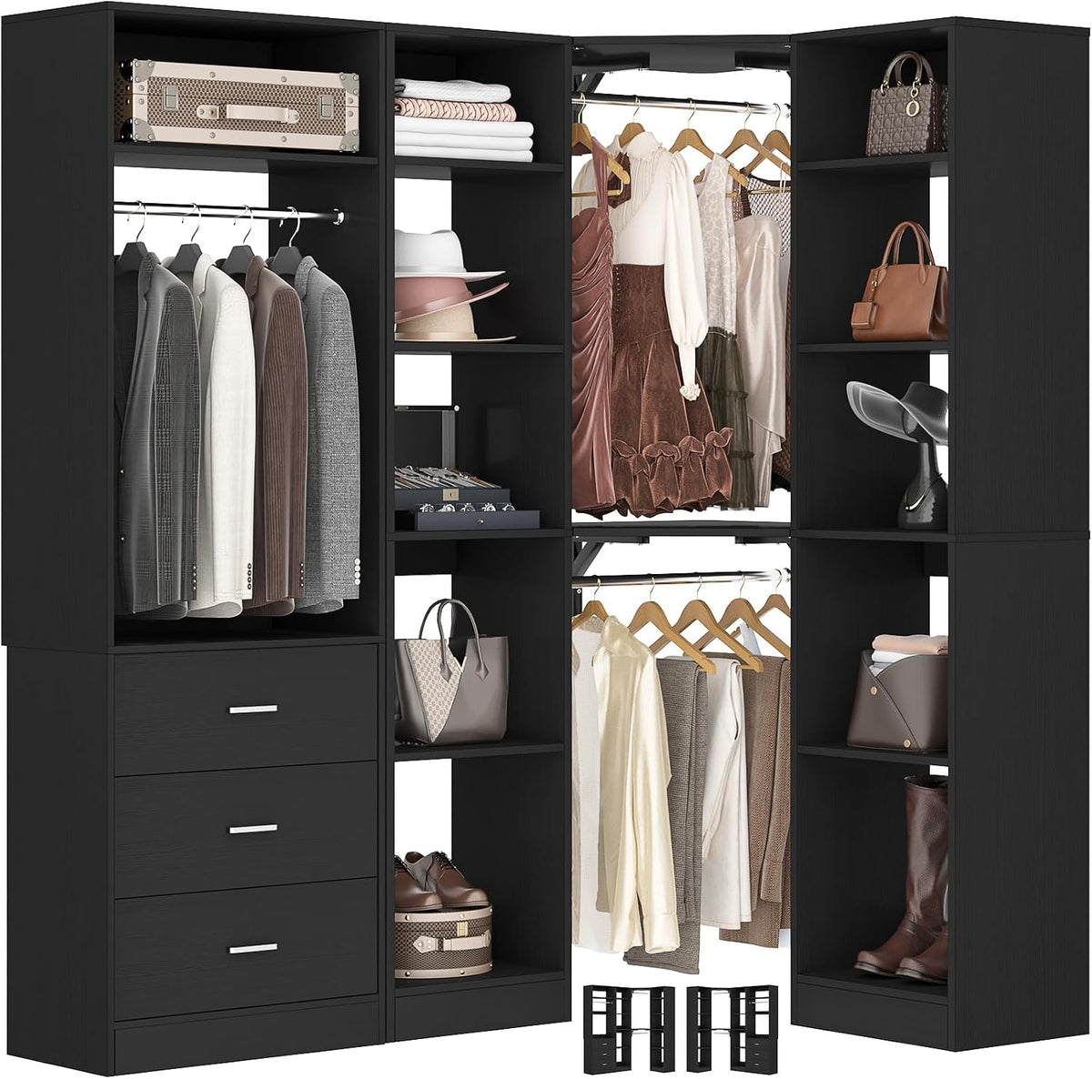 Besiost Corner Closet System with 3 Drawers, Corner Closet Organizer System