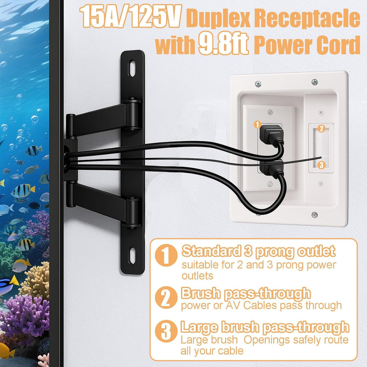 in-Wall TV Cable Management Kit with Recessed Dual AC Outlet, 9FT Extension C...