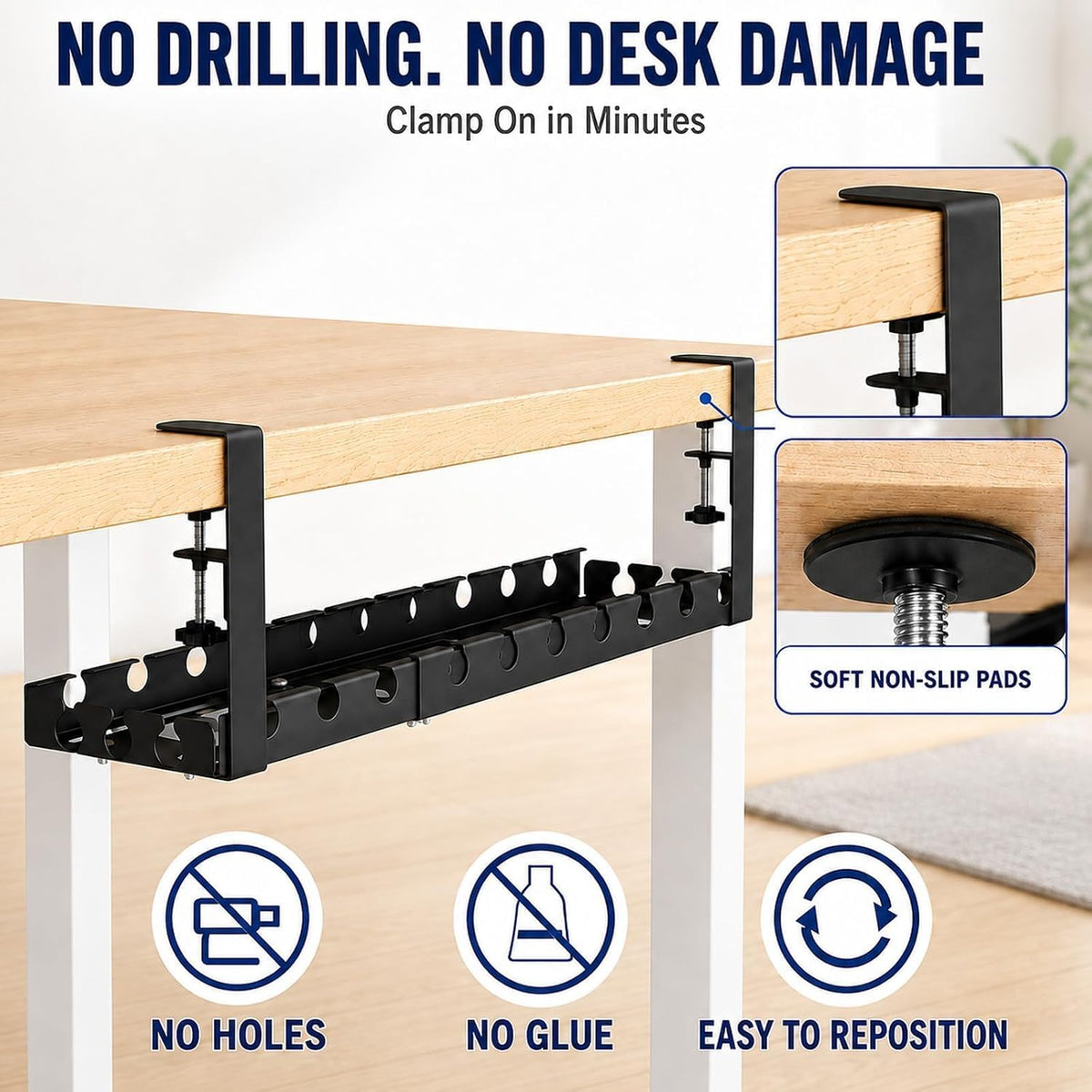 Under Desk Cable Management Tray, No Drill Clamp Mount, 17-30 Inch