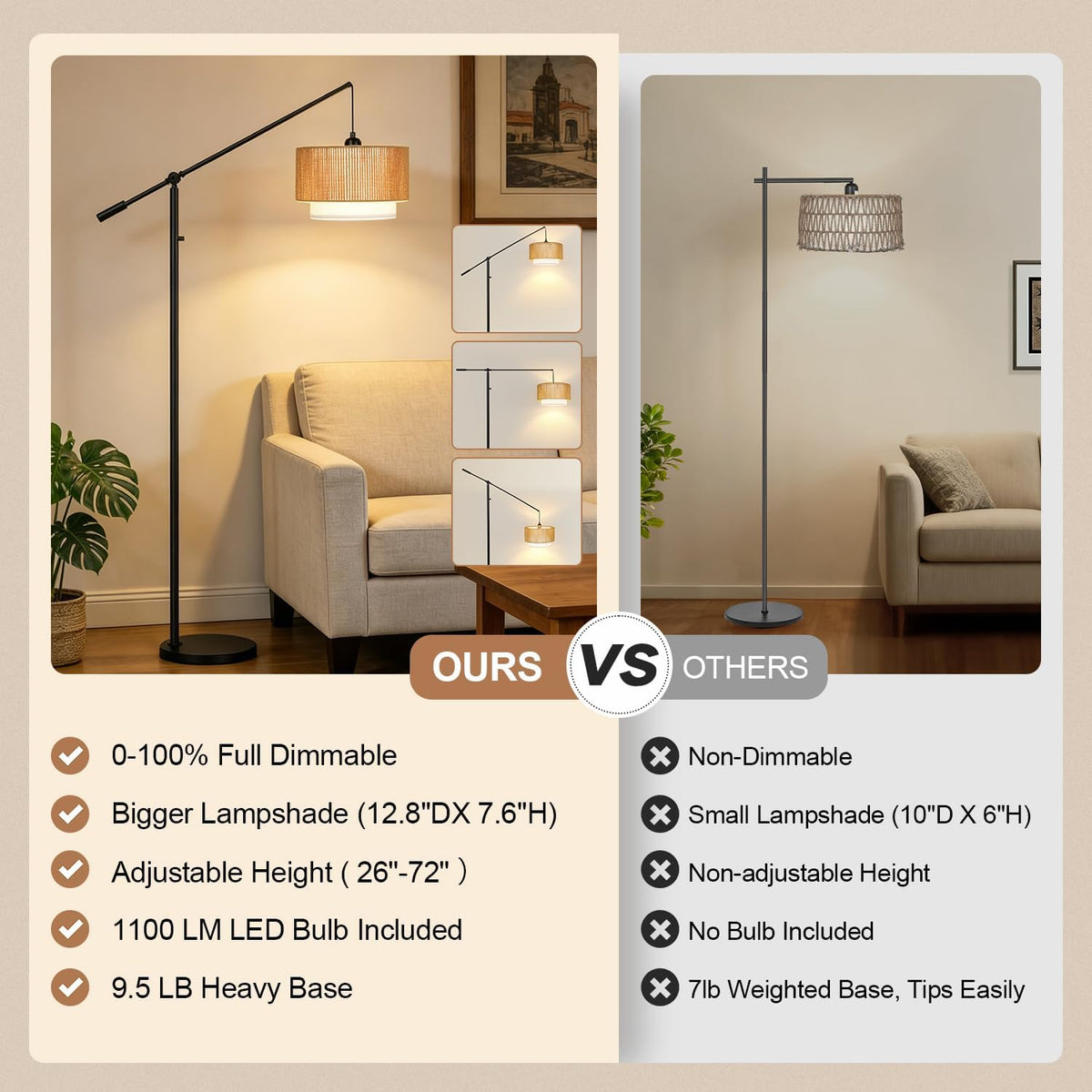【Upgraded】Boho Dimmable Floor Lamps with Adjustable Swing Arm, 1100 Lumens Bu...