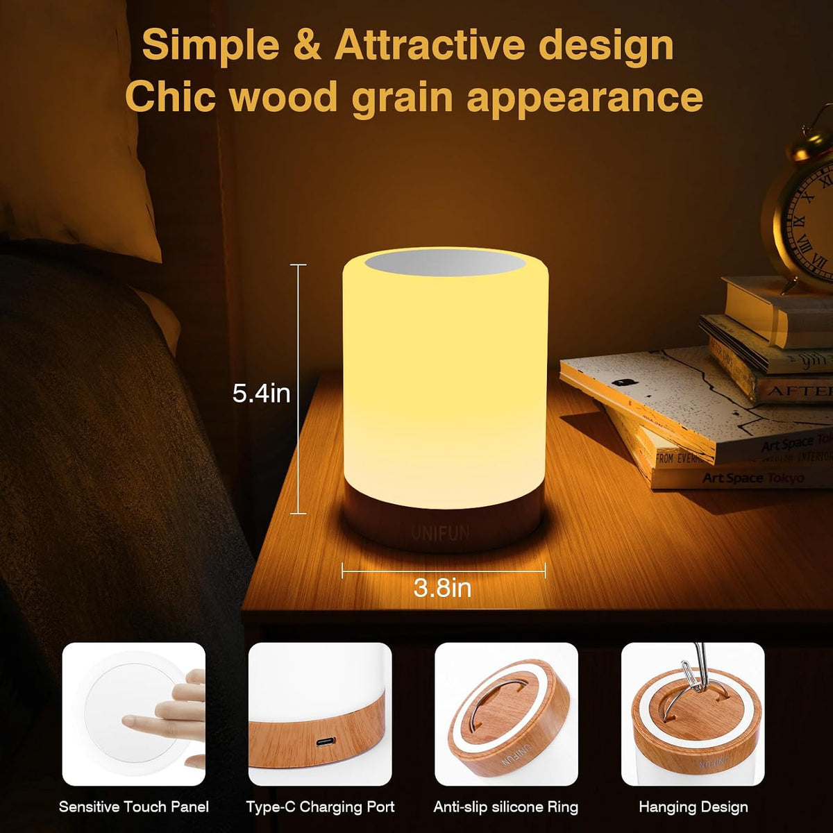 UNIFUN Bedside Touch Lamp Rechargeable Dimmable RGB LED Table Night Light (Pa...