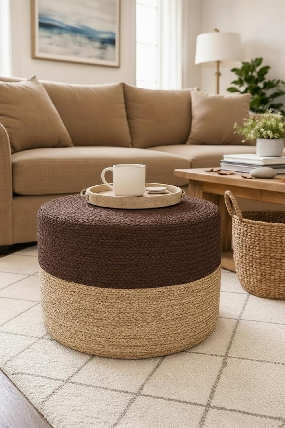 Pouf Ottoman 100% Jute Pouffe Natural Brown (18"x18"x12")