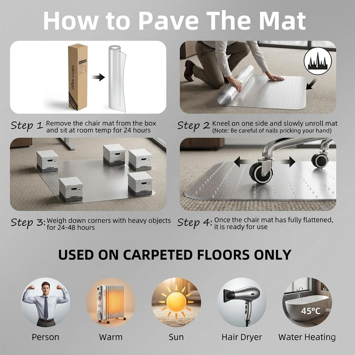 Office Chair Mat for Low-Pile Carpet 30" x 48", Compact Carpet Prot...