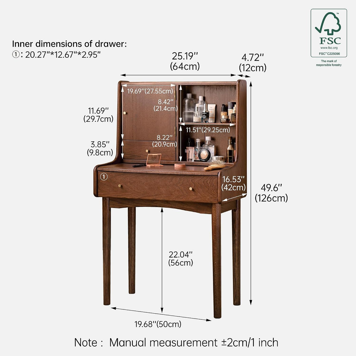 Small Vanity Desk with Mirror, Solid Wood Dressing Table, Movable Drawer Divi...