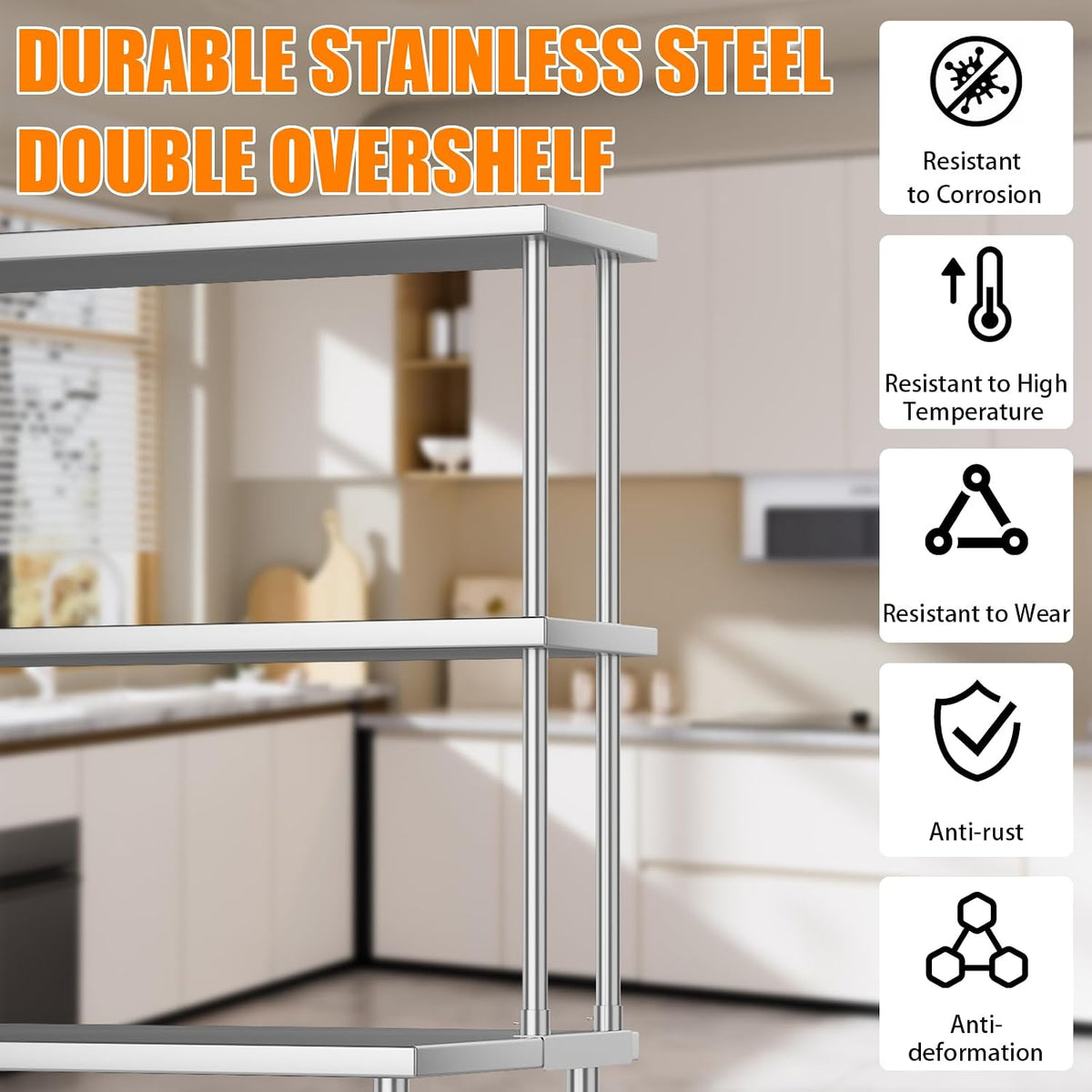 2-Tier Stainless Steel Overshelf for Work & Prep Table, 12x36 inch Commer...