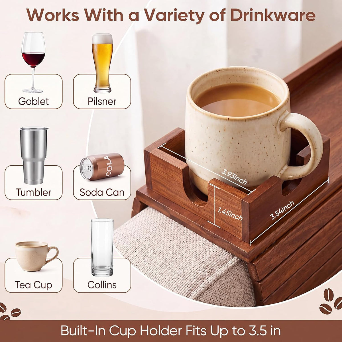 Acacia Wood Couch Arm Tray with Cup Holder, Sofa Armrest Table