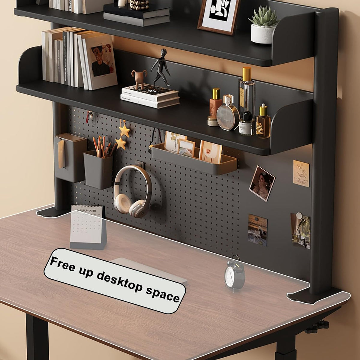 31.4in Clamp on Desk Shelf with Pegboard, Black Desktop Bookshelf Organizer