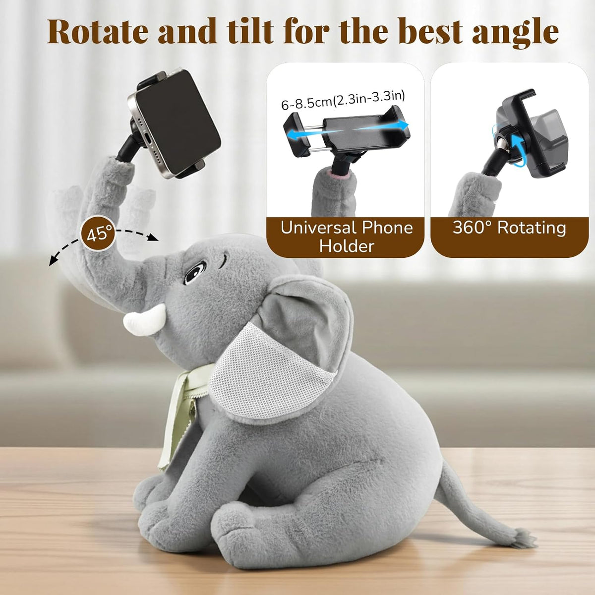 Phone Holder, Phone Mount with 360° Rotating Clip 45° Adjustable Trunk, Eleph...