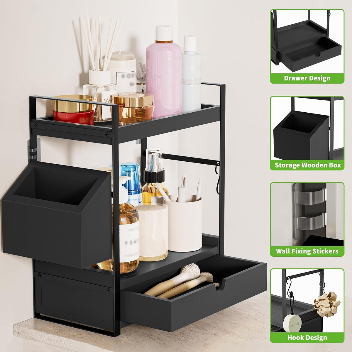 2-Tier Bathroom Counter Organizer, Wooden Vanity Shelf with Drawer & Basket