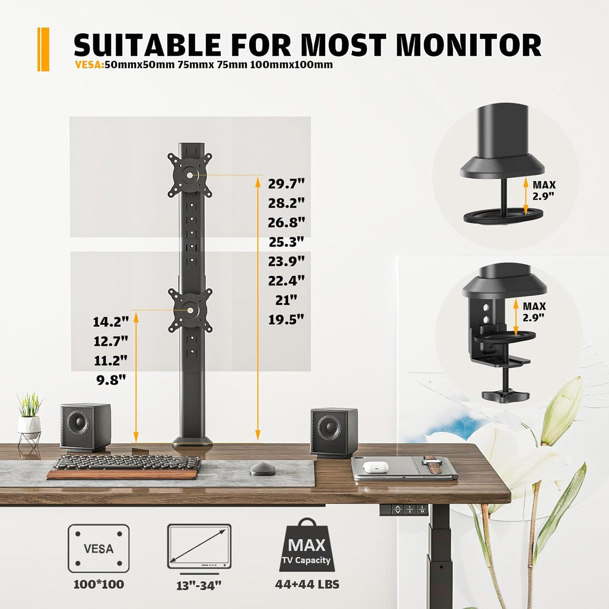 HEMUDU Dual Monitor Articulating Desk Mount Arm Stand - Vertical Stack Screen...