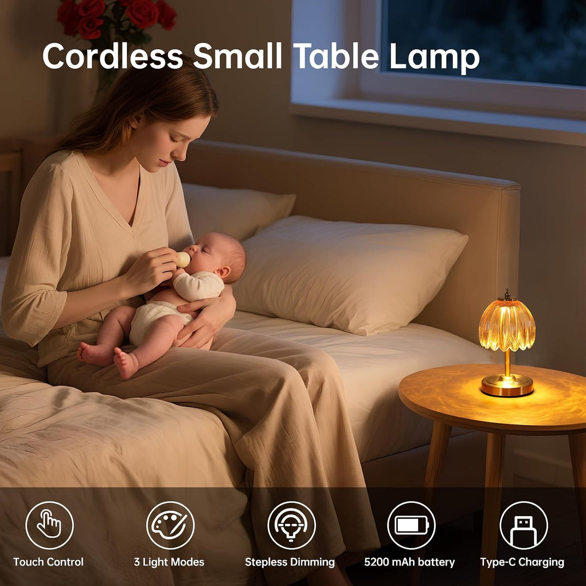 Shenmoyl Tulip Small Table Lamp, 5200mAh Cordless Touch Control Mini Table La...