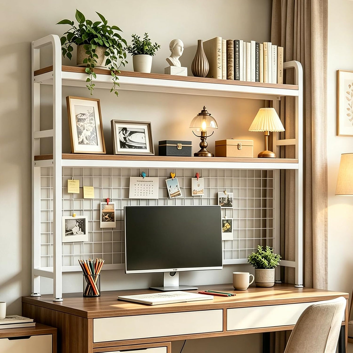 Desktop Bookshelf with Pegboard, 2-Tier Desk Hutch Storage Organizer Rack, Me...