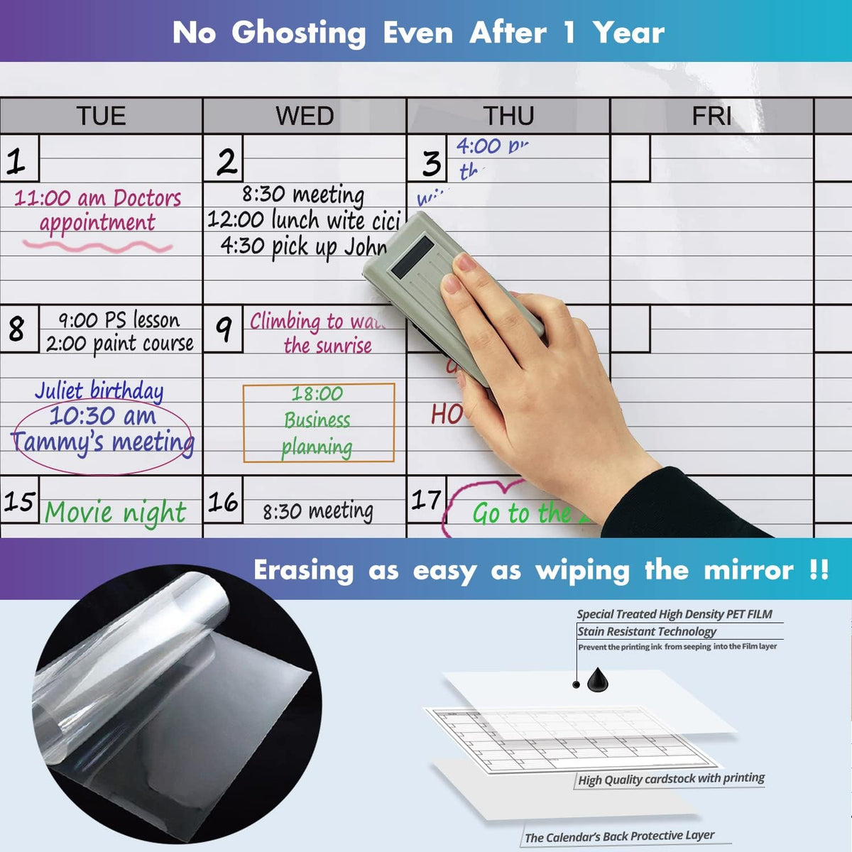 Large Dry Erase Calendar for Wall, 38x50