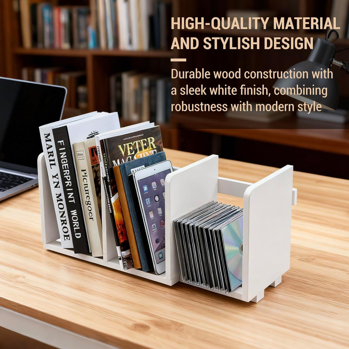 MyGift White Wood Desktop Bookshelf Organizer, Expandable Adjustable Rack