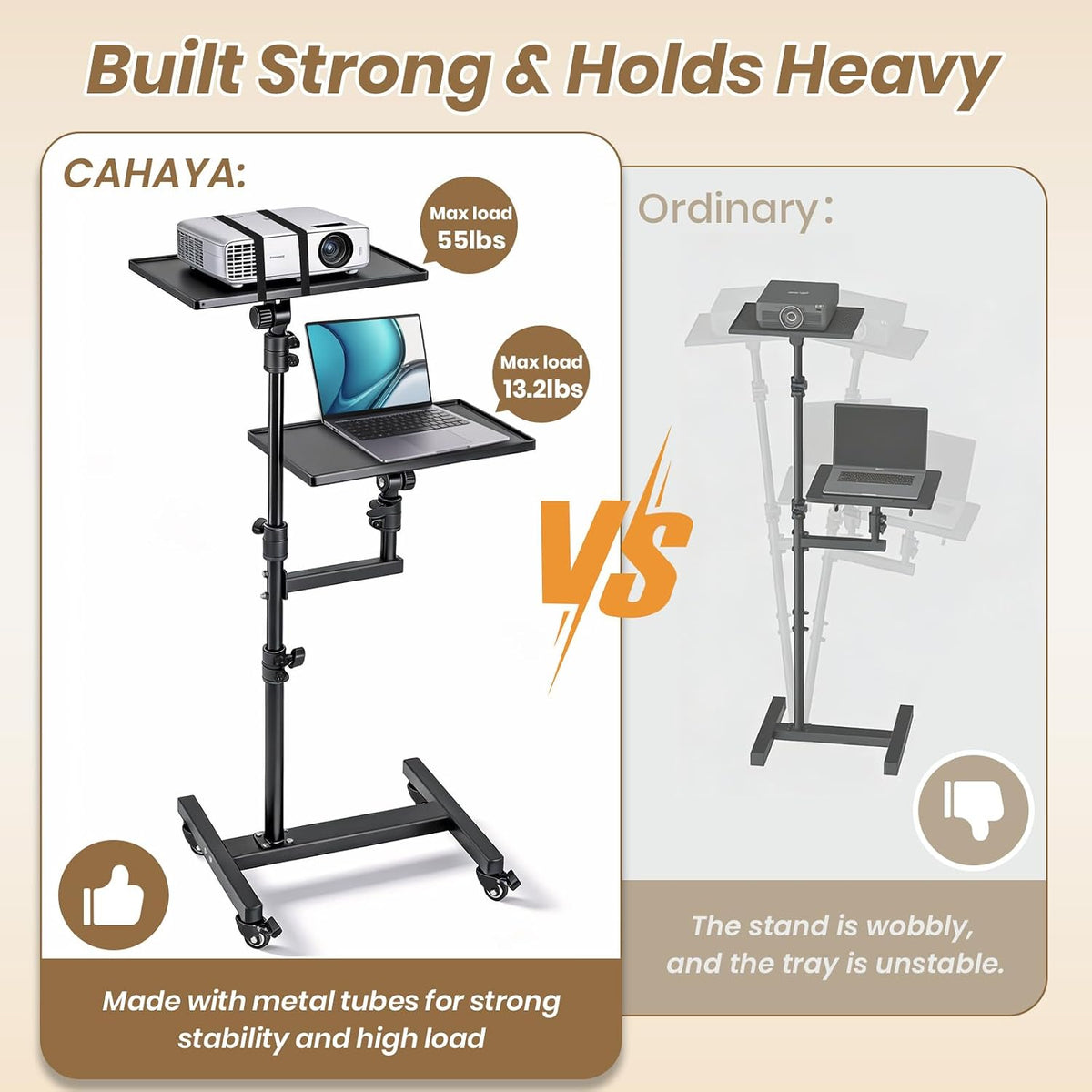 CAHAYA Projector Stand Tripod Adjustable - Mobile Laptop Stand with 2 Shelves...