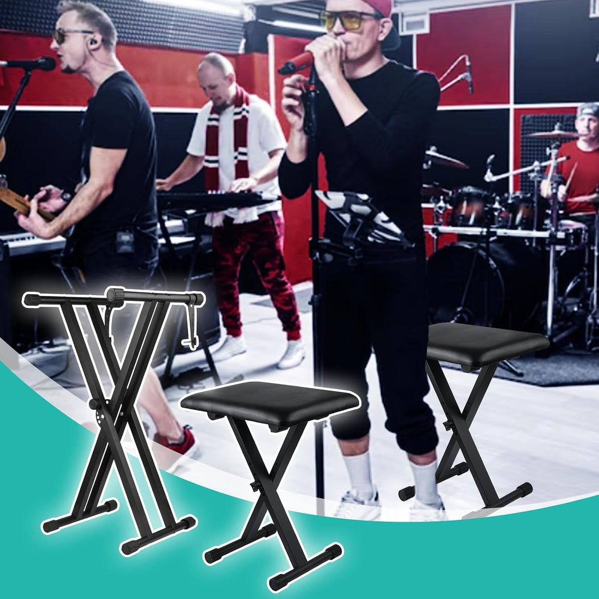 Keyboard Stand Piano Bench Set, Double X Adjustable Keyboard Stand Piano Stan...