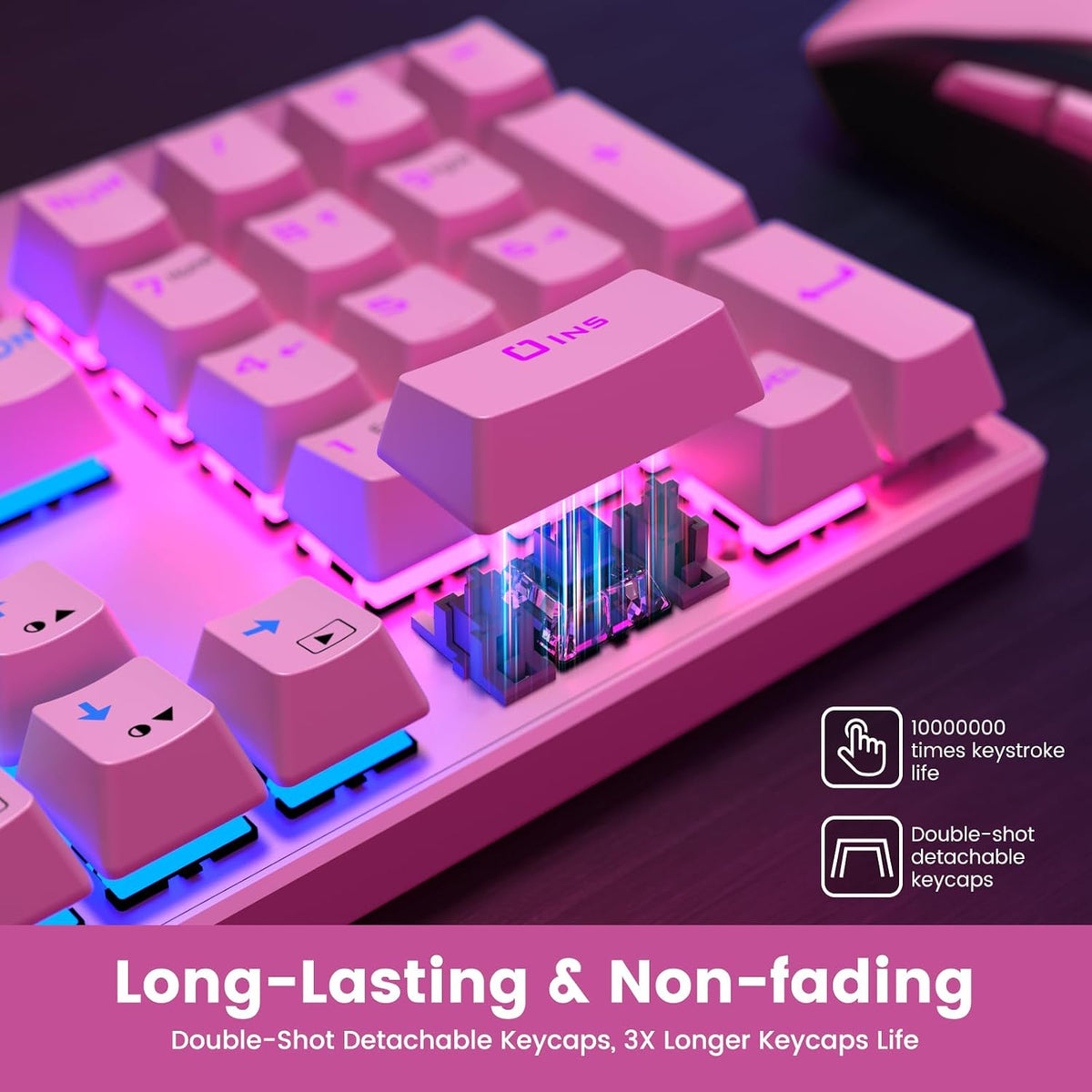 RisoPhy Mechanical Gaming Keyboard, Wired RGB 104 Keys, Blue Switch, Pink