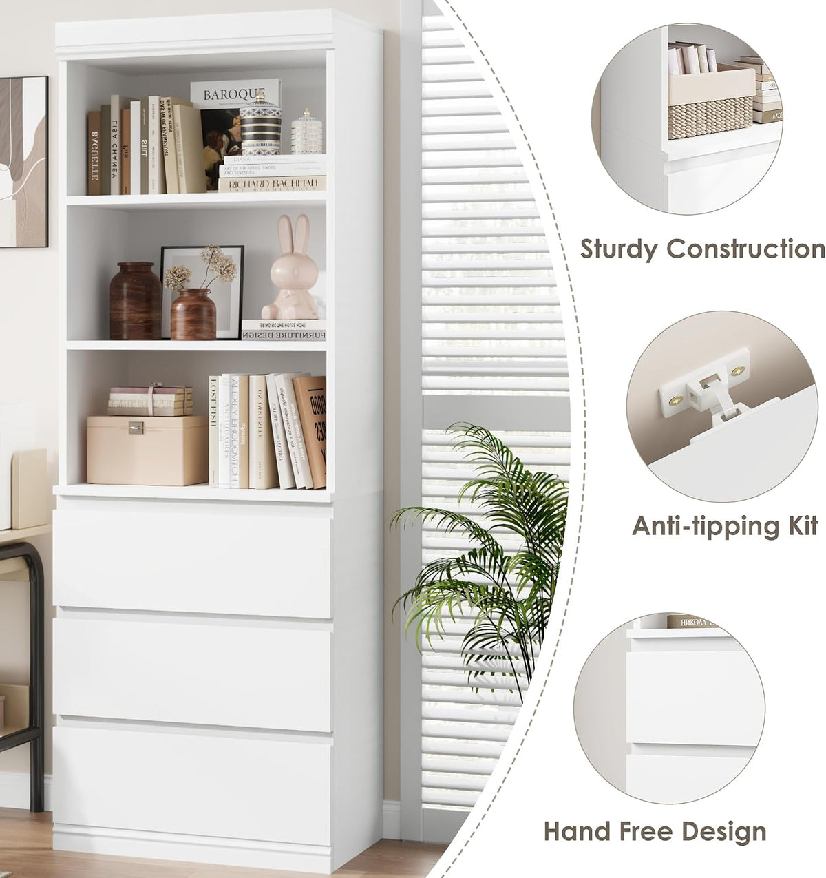 GarveeHome 70 in Bookcase with Drawers, Tall Bookshelf Farmhouse Bookcases Wo...
