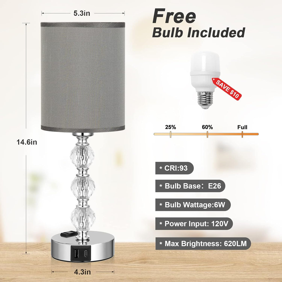Grey Touch Bedside Lamps for Bedrooms - Crystal Table Lamp with USB C+A Charg...
