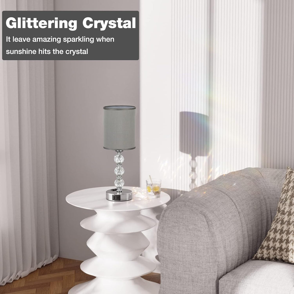 Grey Touch Bedside Lamps for Bedrooms - Crystal Table Lamp with USB C+A Charg...