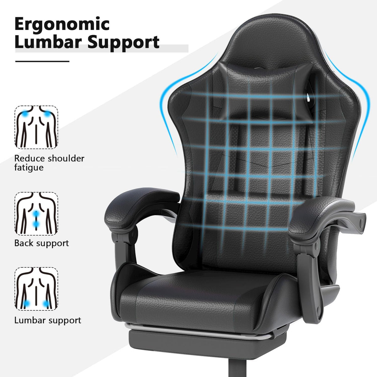 OS MOTOR Gaming Chair with Headrest and Footrest for Home Office, Black