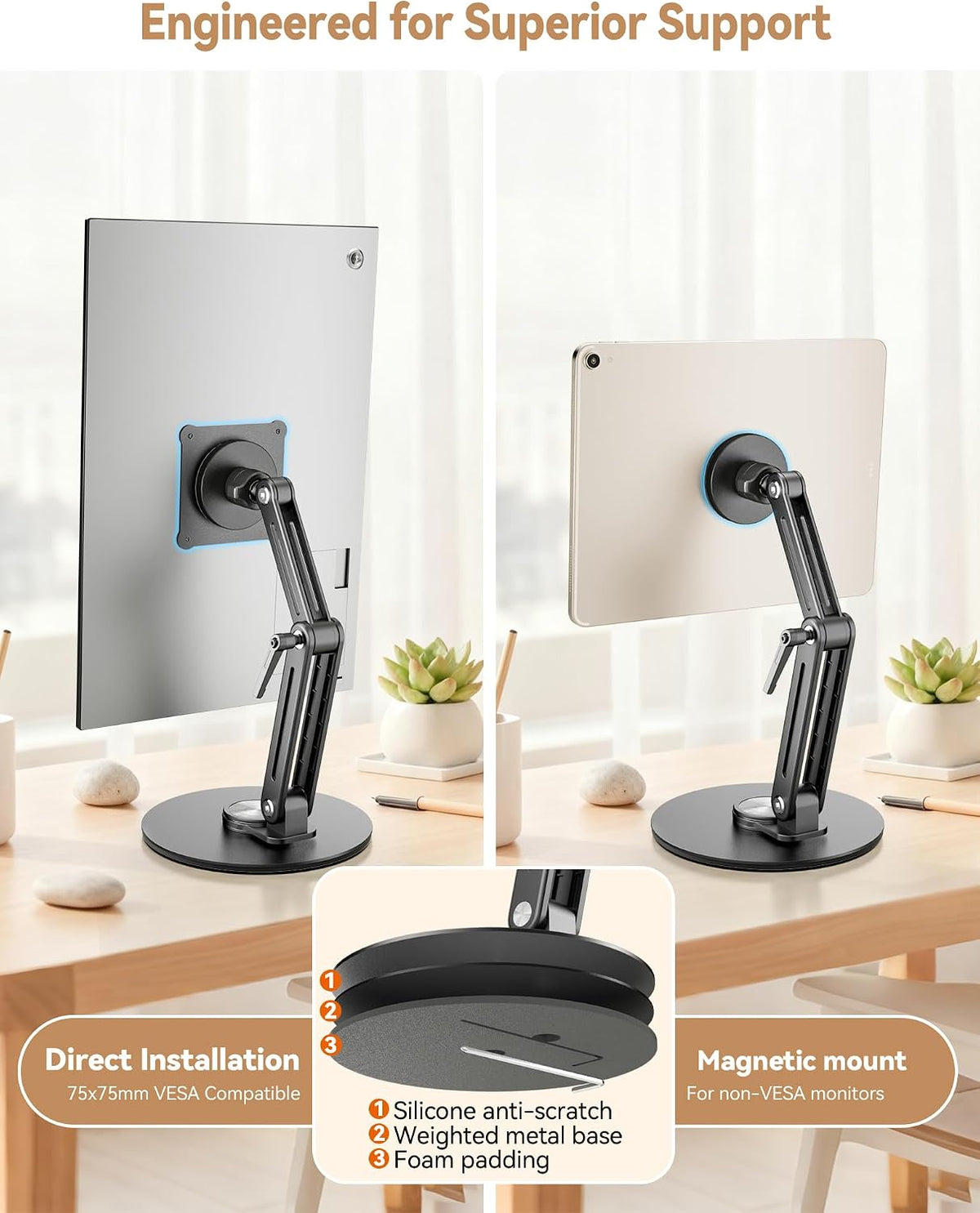 Jakeko Magnetic Portable Monitor Stand VESA Mount 75mm Travel 360° Swivel