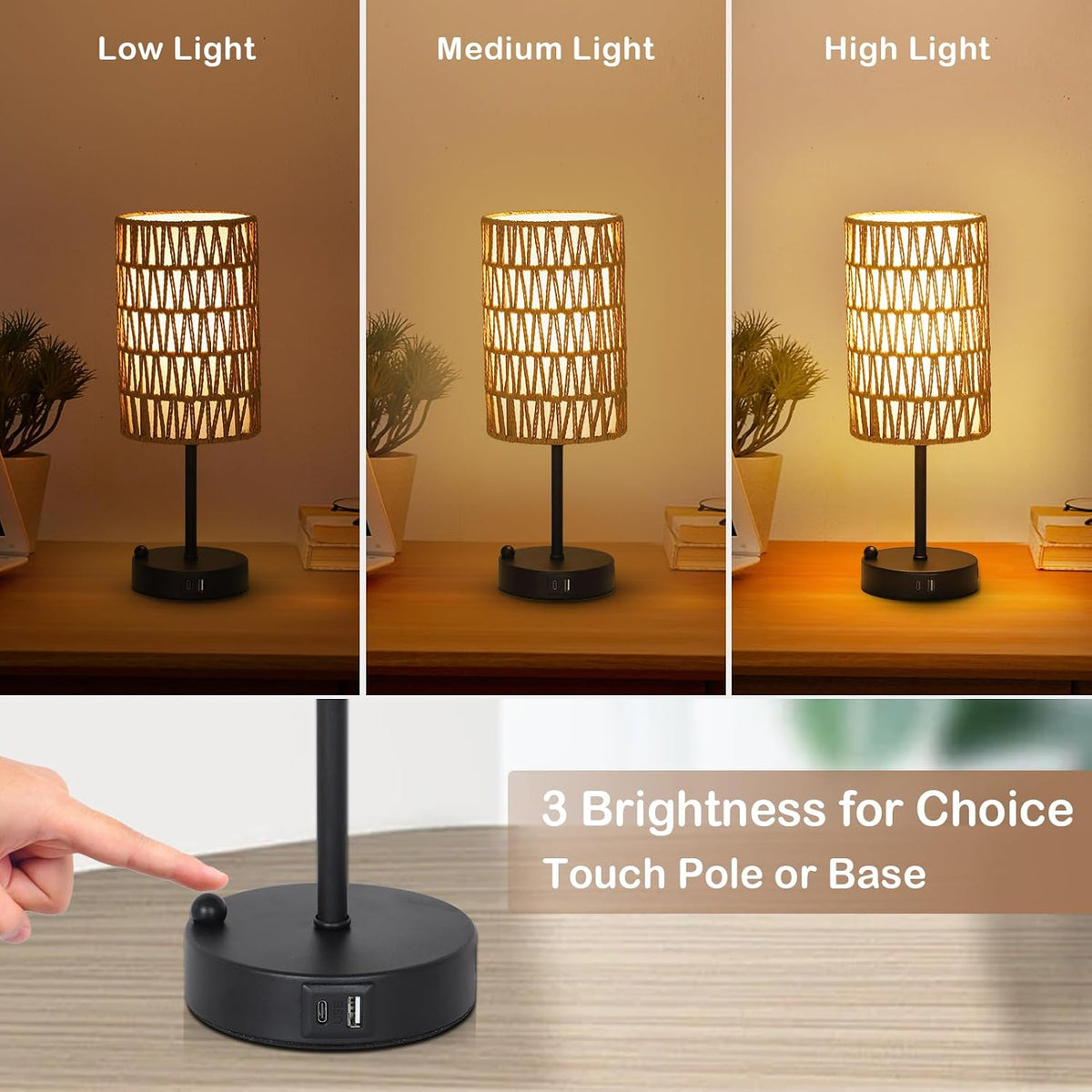 Touch Table Lamp For Bedroom with Bulb, Boho Small Desk Lamp For Living Room ...