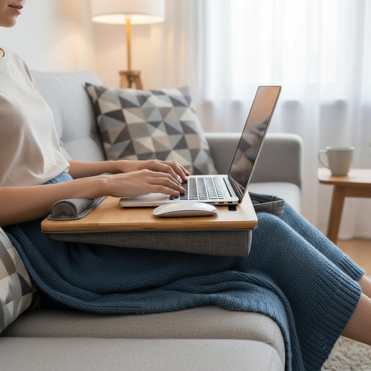 Bamboo Lap Desk for Laptop with Cushion Tablet Phone Holder Handle