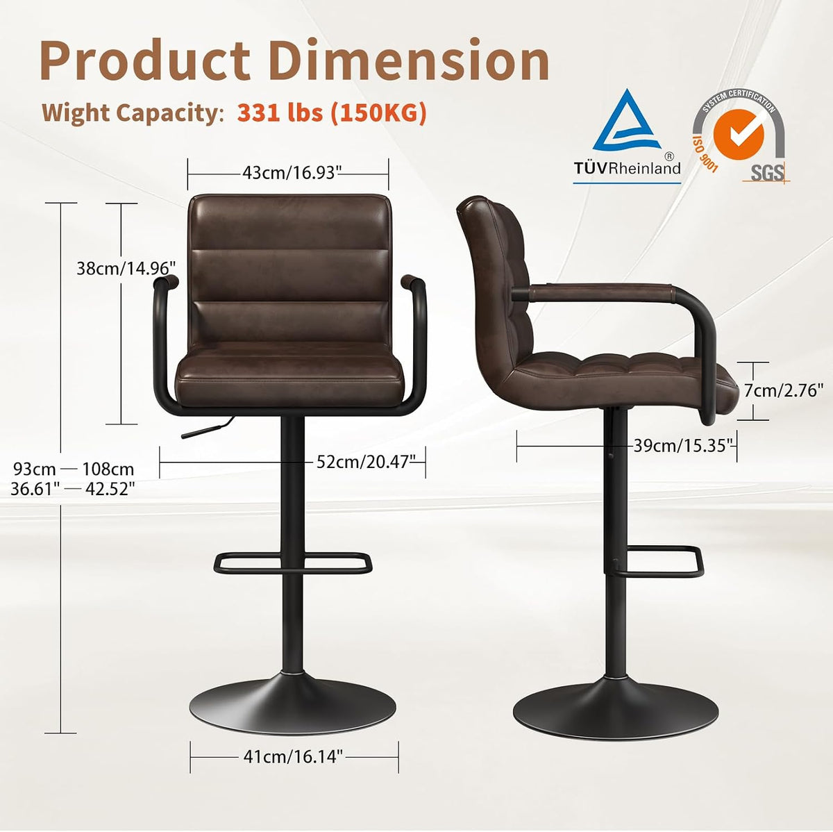 Adjustable PU Leather Swivel Bar Stools Set of 6 with Armrests