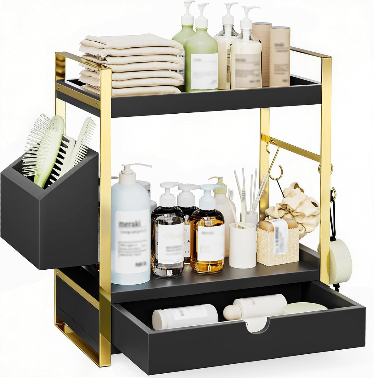 2-Tier Bathroom Counter Organizer, Wooden Vanity Shelf with Drawer & Basket