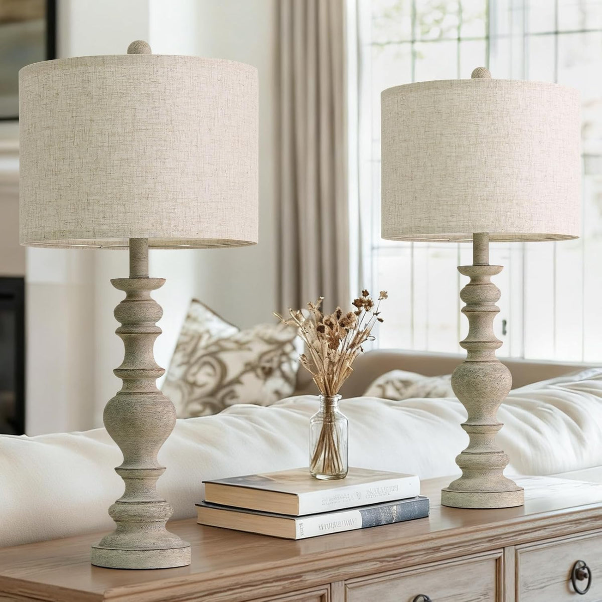 BOBOMOMO 27" Antique Gray Table Lamps Set of 2, Large Farmhouse Resin La...