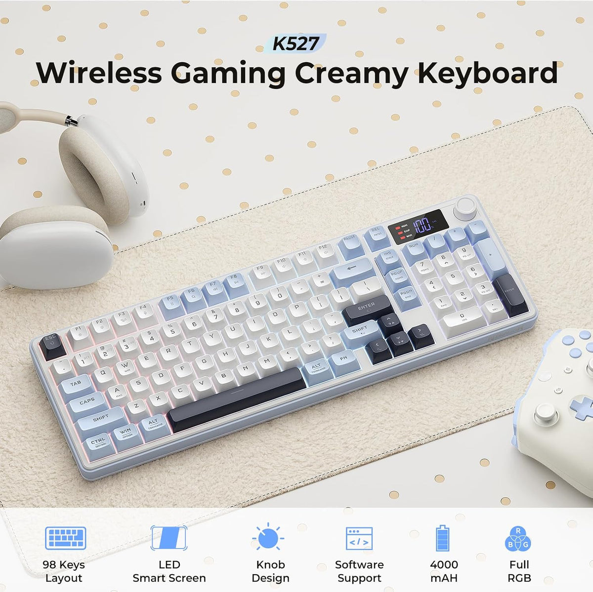 Redragon Wireless Gaming Keyboard, 98-Key Tri-Mode (BT/2.4G/Wired) RGB Comput...