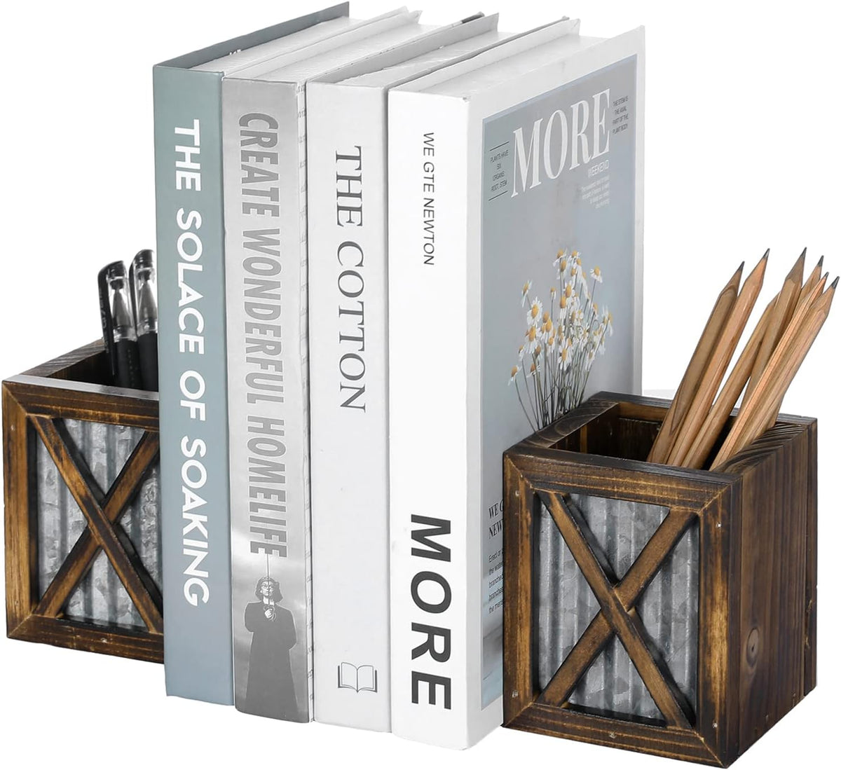 MyGift Rustic Bookends with Pen Holder, Wood & Metal Desk Organizer