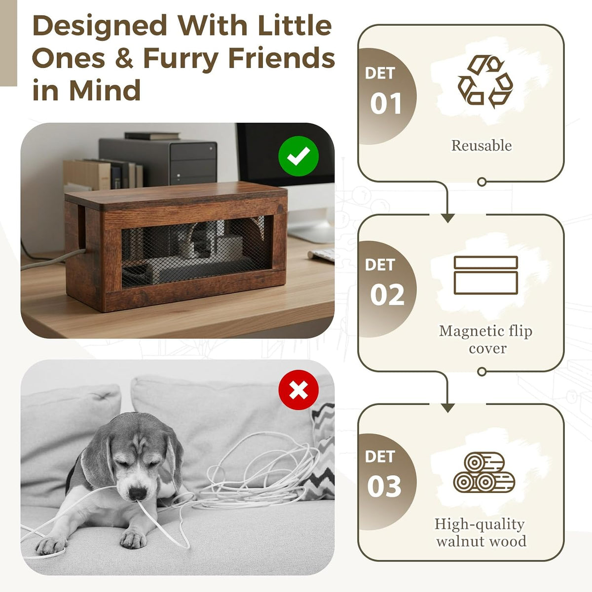 Chunful Extra Large Cable Management Box, 16'' Wood Cord Box Organize...