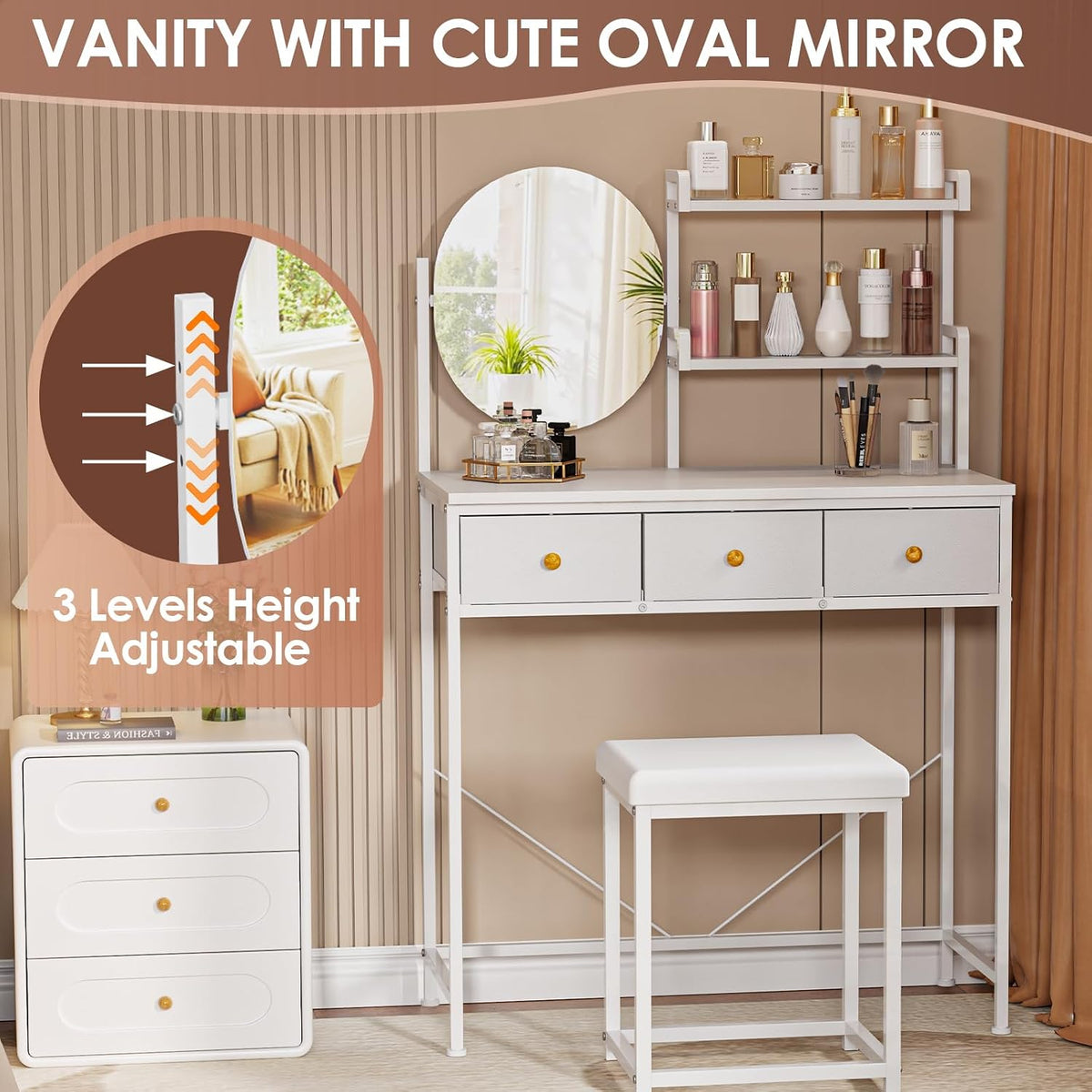31.5" Vanity Desk with Mirror, Vanity Chair, Drawers, Storage Shelf, White