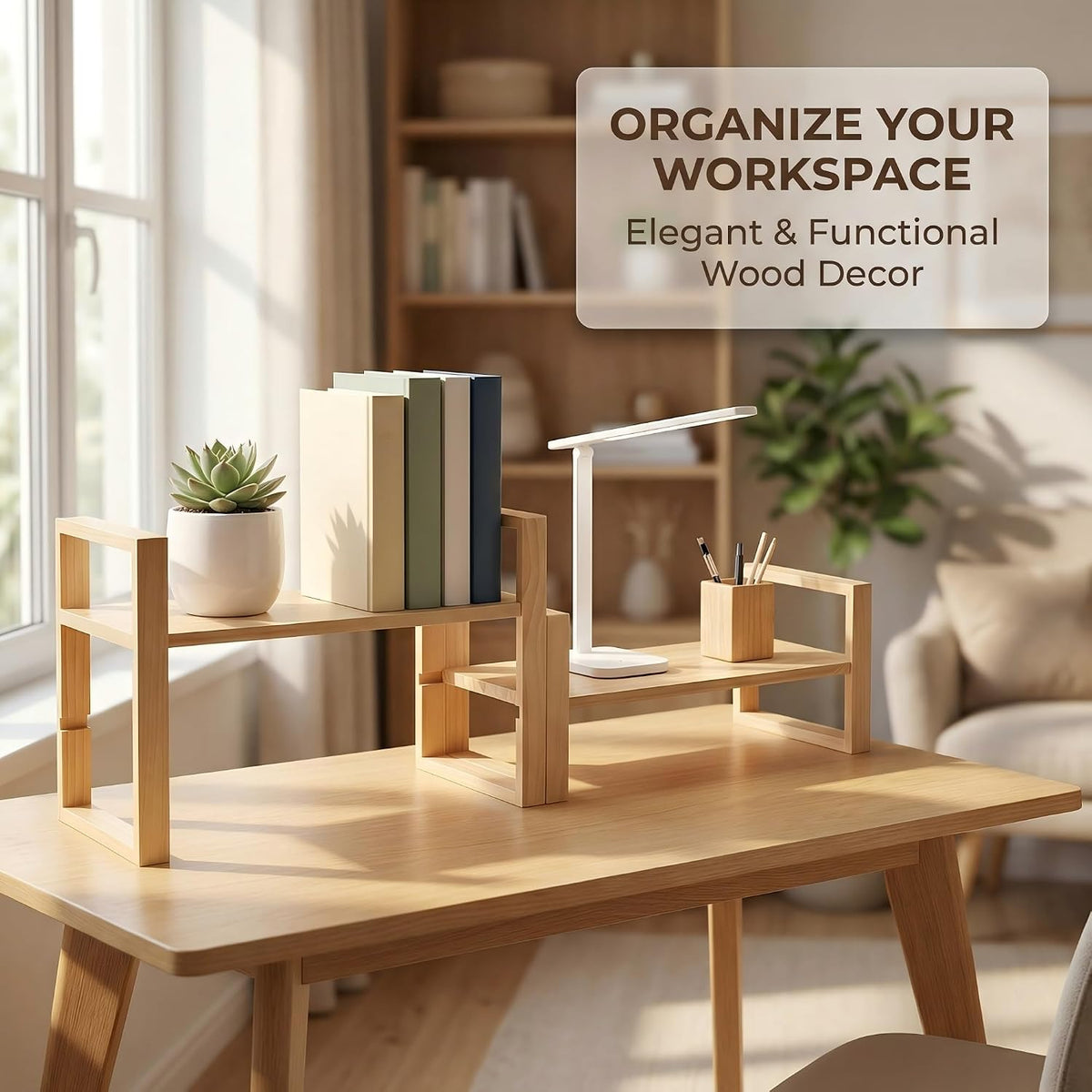 Desk Shelf, 100% Solid Wood Adjustable Desktop Bookshelf, No Tools or Nails R...