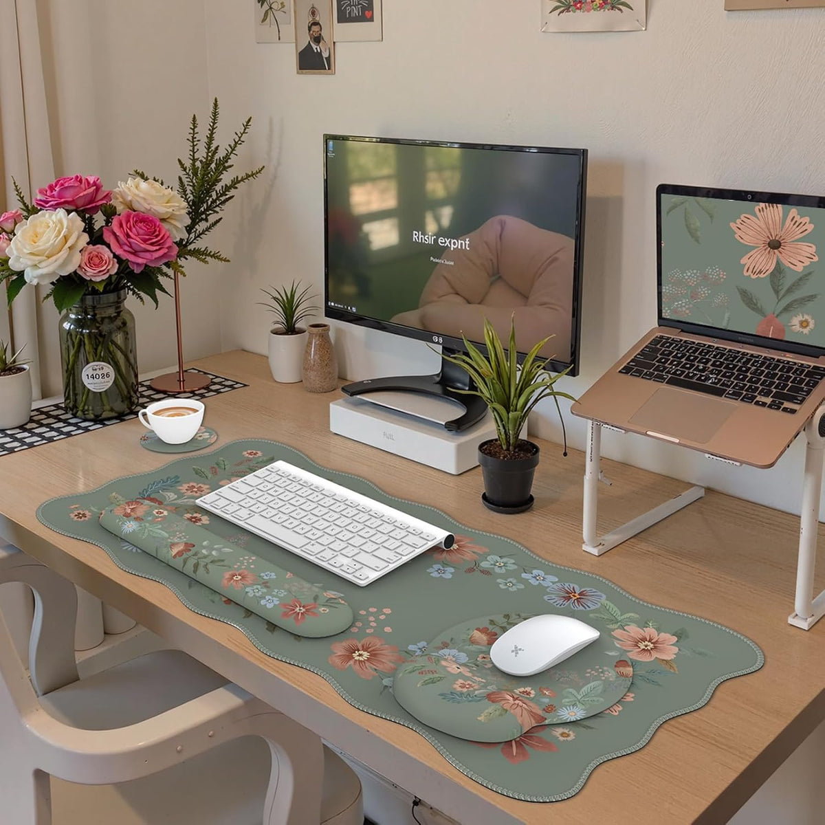 iLeadon Mouse Pad Set and Keyboard Wrist Rest, Floral Scalloped Desk Mat
