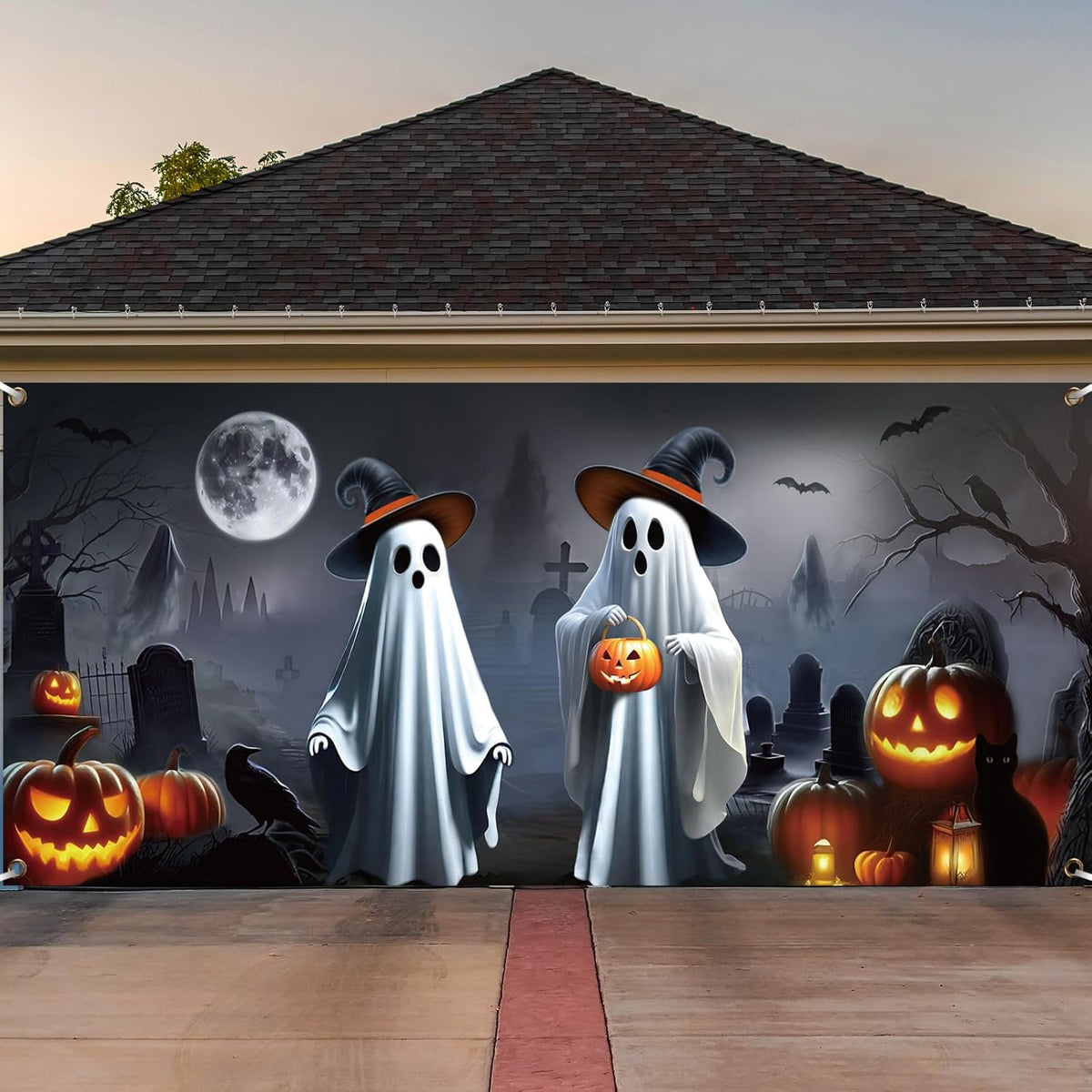 Preboun Halloween Ghost Garage Door Cover Banner 7 X 16 ft Spooky Outdoor