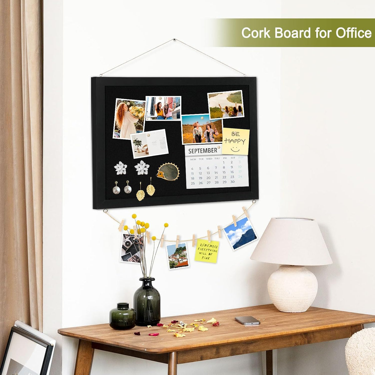 Double-Sided Wood Framed Cork Board with Linen, 24" x 18"(Black)