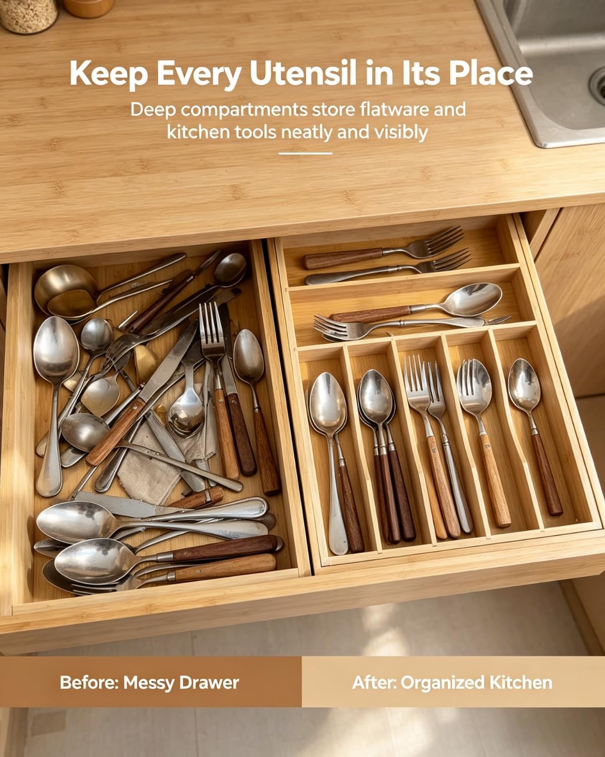 Expandable Bamboo Silverware Drawer Organizer – Adjustable 21" Wide Wood...