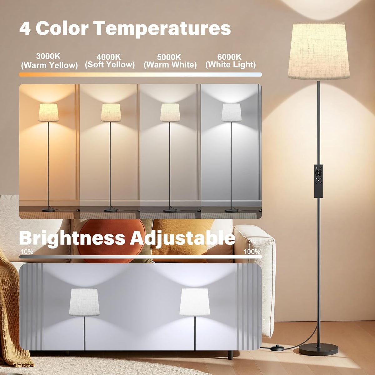 SIBRILLE Dimmable Floor Lamp with Linen Shade for Living Room