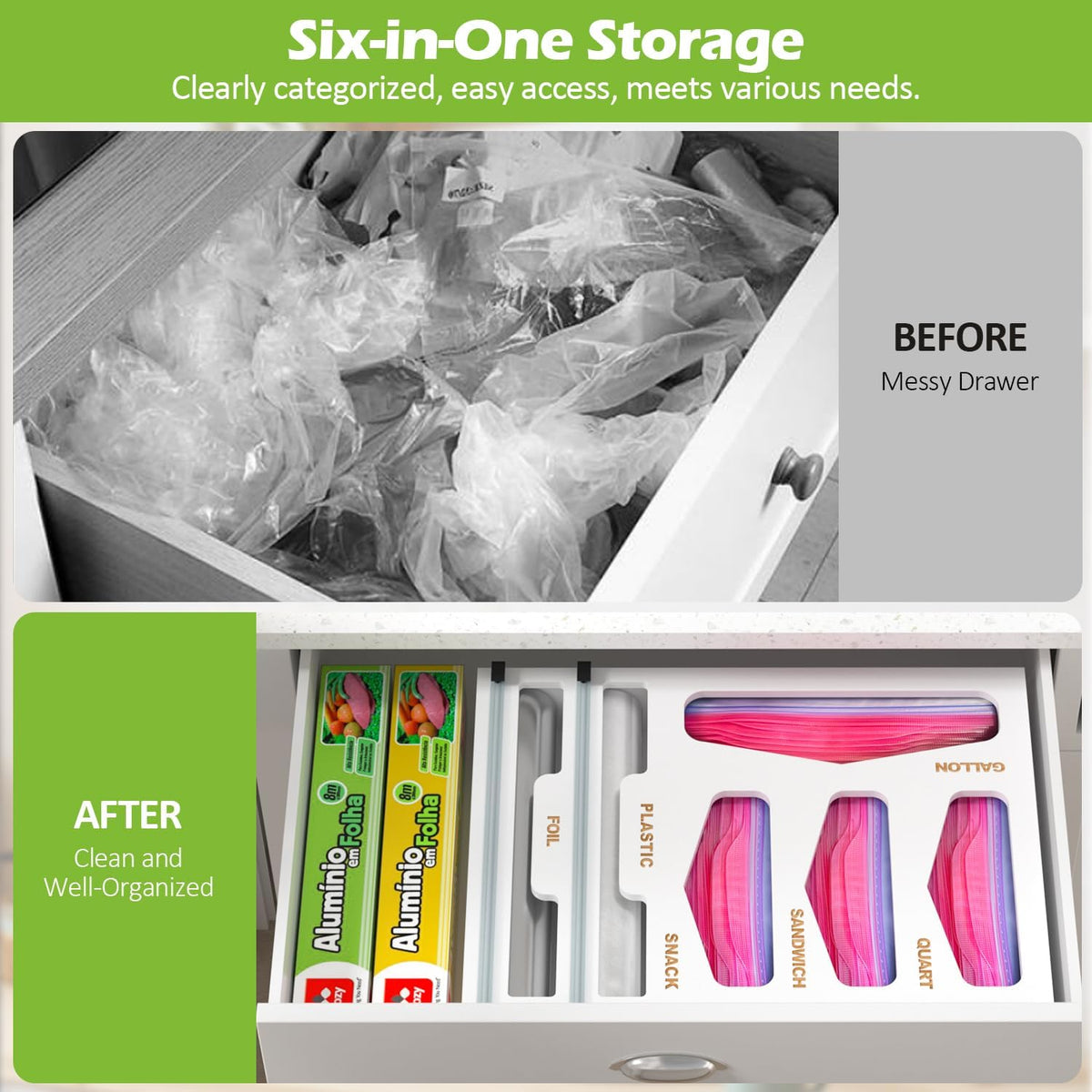 6 in 1 Bamboo Bag Organizer and Wrap Dispenser with Cutters, White