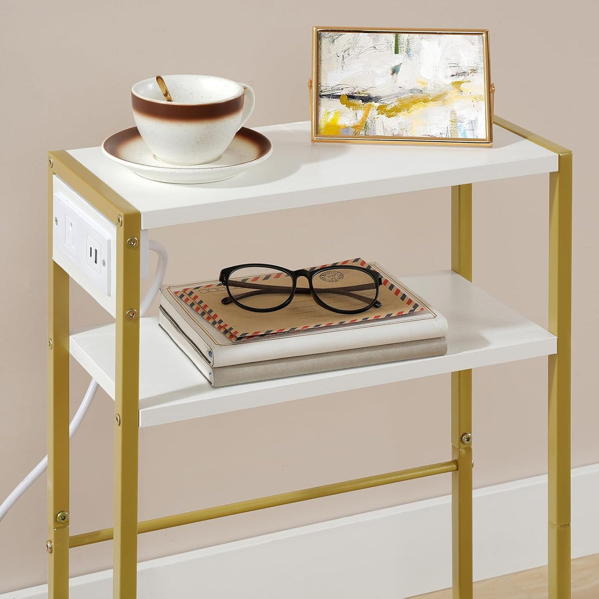 HOOBRO Small Narrow Side Table with Charging Station, Skinny End Table for Sm...