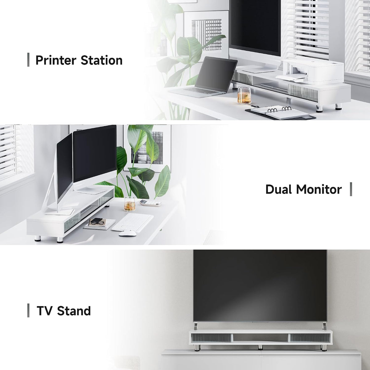 Fenge Dual Monitor Stand with Storage, Desk Shelf with Glass Sliding Door