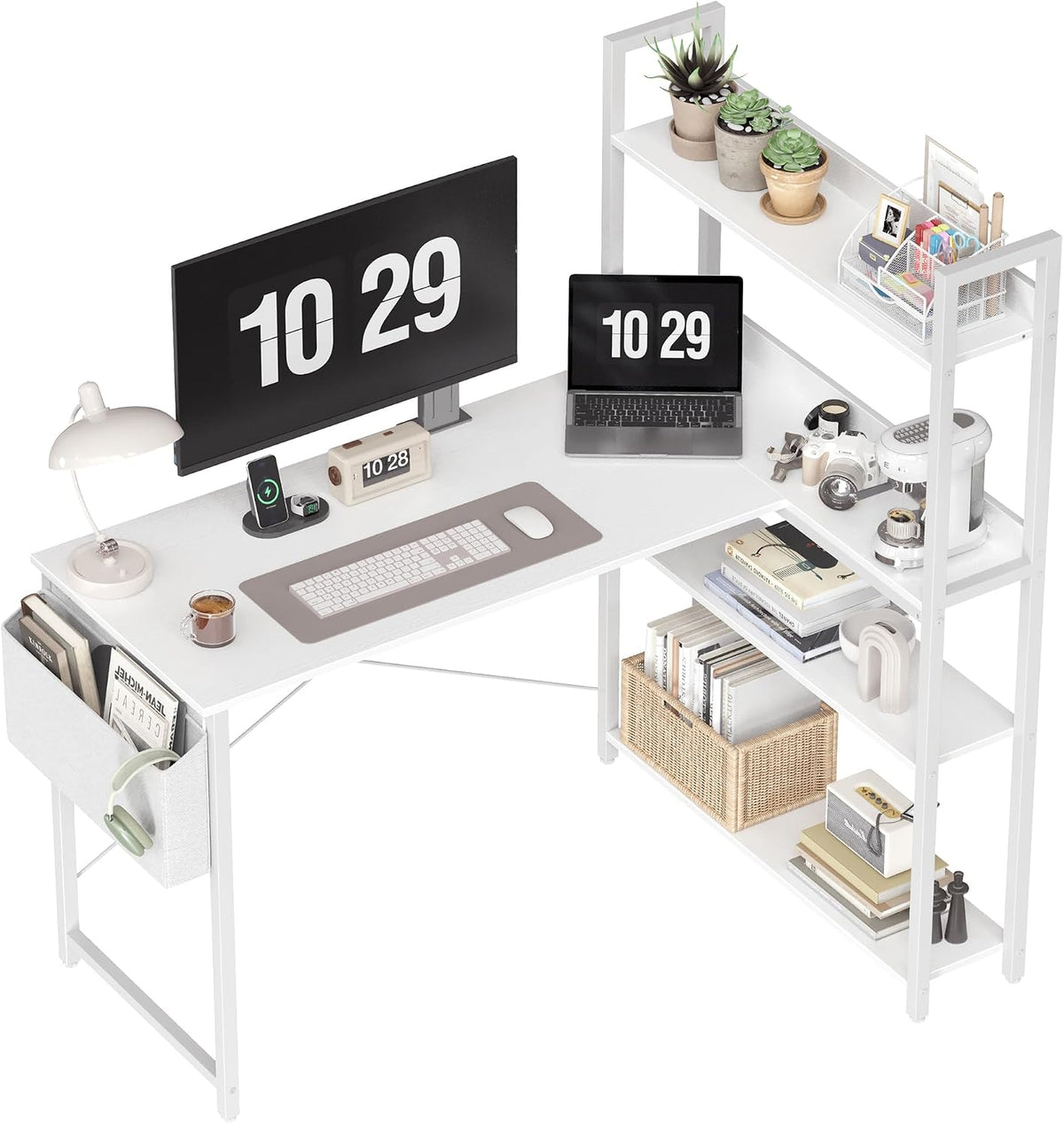 Treesland 47 Inch Computer Desk with Bookshelf, Corner Desk with Storage, L S...