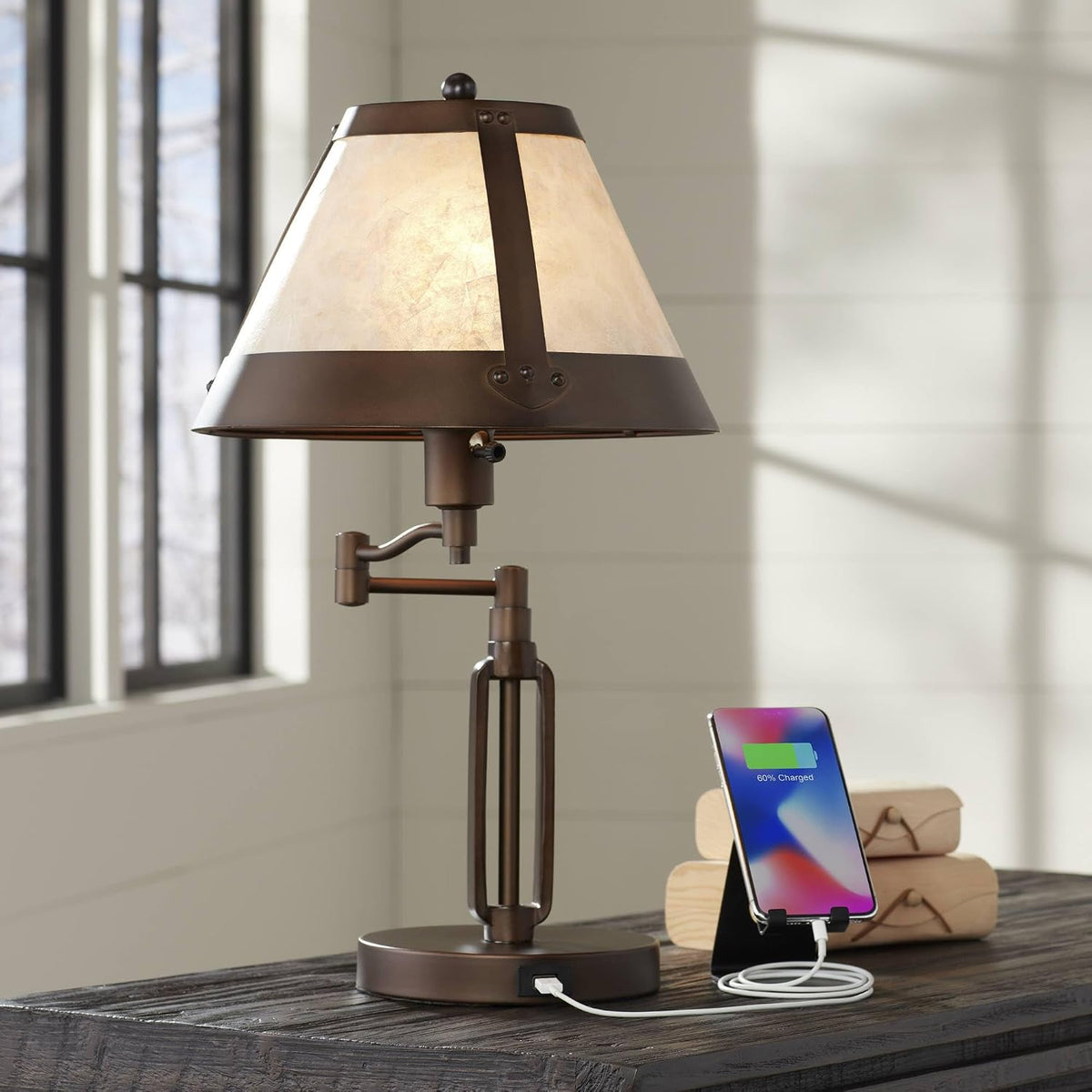 Samuel 21 1/4" High Bronze Brown Desk Lamp USB Mica Shade Swing Arm
