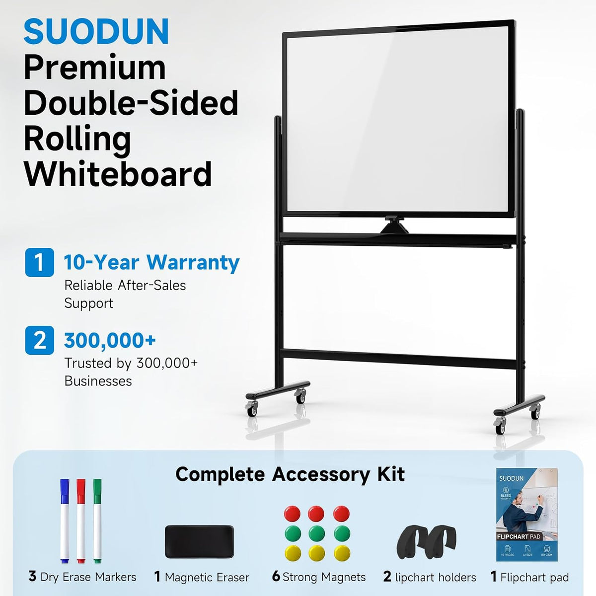 Mobile Rolling Whiteboard on Wheels 48" x 36" Double-Sided Magnetic