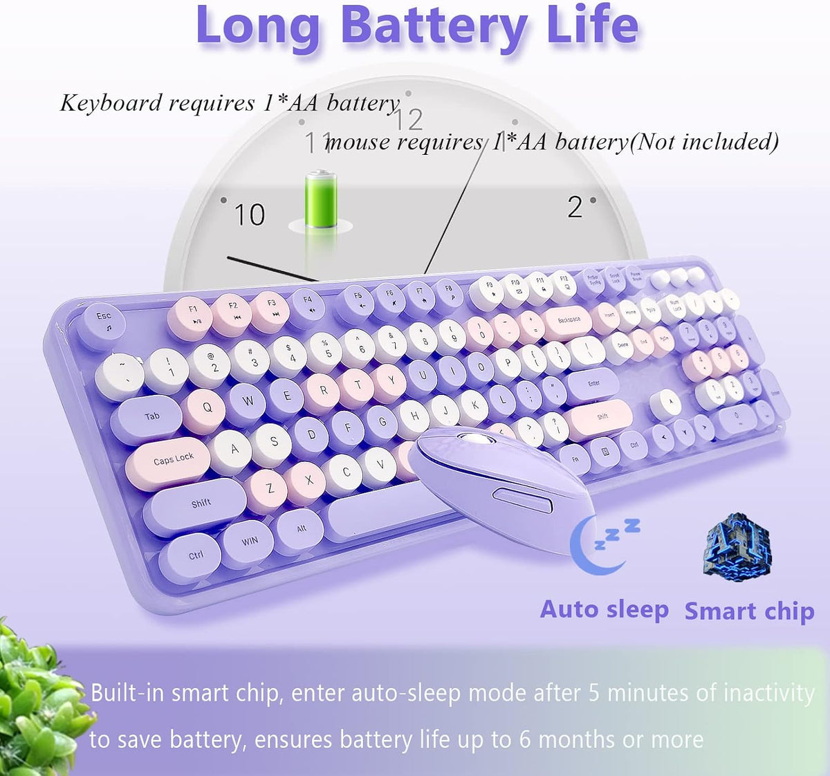 Purple Retro Typewriter Wireless Keyboard and Mouse Combo for Home Office