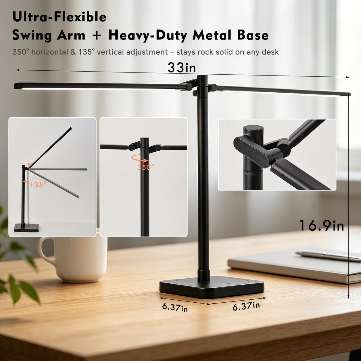BOHON Desk Lamp for Home Office Dual Head 24W Swing Arm Task Lamp Black